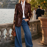 Casual Retro Gold Ribbon Brown PU Blazer