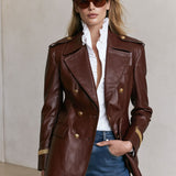 Casual Retro Gold Ribbon Brown PU Blazer