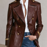 Casual Retro Gold Ribbon Brown PU Blazer