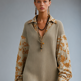 Women's Collared Floral-Panel Drop-Shoulder Balloon-Sleeve Relaxed Knit Midi Dress MDZ2602H8CMX