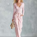 Elegant Versatile Light Pink Henley V-Neck Top Corduroy Wide-Leg Pants Set Women