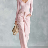 Elegant Versatile Light Pink Henley V-Neck Top Corduroy Wide-Leg Pants Set Women