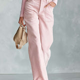 Elegant Versatile Light Pink Henley V-Neck Top Corduroy Wide-Leg Pants Set Women