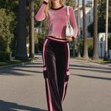Retro Sporty Pink Velour Crop Top Striped Cargo Track Pants Set