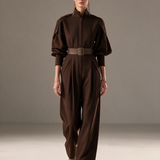 Women's Stand-Collar Zip-Front Balloon-Sleeve Belted Wide-Leg Jumpsuit MDZ3119H2CMX
