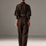 Women's Stand-Collar Zip-Front Balloon-Sleeve Belted Wide-Leg Jumpsuit MDZ3119H2CMX