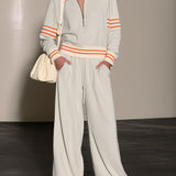 Casual And Comfortable Striped Gray And White Half-zip Sweatshirt And Pants Set
