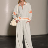 Casual And Comfortable Striped Gray And White Half-zip Sweatshirt And Pants Set