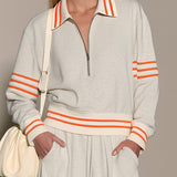 Casual And Comfortable Striped Gray And White Half-zip Sweatshirt And Pants Set