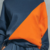Casual Sportswear Blue And Orange Color-Block Sweatshirt And Joggers Set