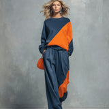 Casual Sportswear Blue And Orange Color-Block Sweatshirt And Joggers Set