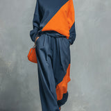 Casual Sportswear Blue And Orange Color-Block Sweatshirt And Joggers Set