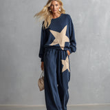 Stylish Casual Star-Print Blue Sweatshirt And Wide-Leg Pants Cotton Set