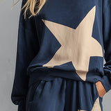 Stylish Casual Star-Print Blue Sweatshirt And Wide-Leg Pants Cotton Set