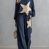 Stylish Casual Star-Print Blue Sweatshirt And Wide-Leg Pants Cotton Set