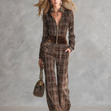 Retro Chocolate Brown Plaid Velvet Front-Zip Jumpsuit