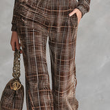 Retro Chocolate Brown Plaid Velvet Front-Zip Jumpsuit