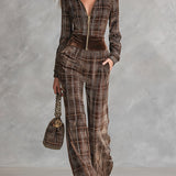 Retro Chocolate Brown Plaid Velvet Front-Zip Jumpsuit