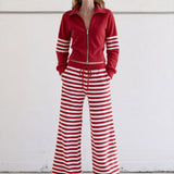 Casual And Comfortable Striped Red Fleece Jacket And Pants Set