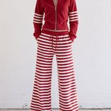 Casual And Comfortable Striped Red Fleece Jacket And Pants Set
