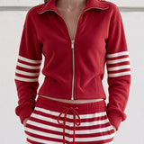 Casual And Comfortable Striped Red Fleece Jacket And Pants Set