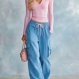 Casual Retro Pink Hooded V-neck Cotton Top And Blue Corduroy Pants Set