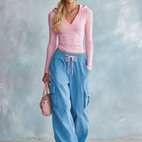 Casual Retro Pink Hooded V-neck Cotton Top And Blue Corduroy Pants Set