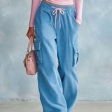Casual Retro Pink Hooded V-neck Cotton Top And Blue Corduroy Pants Set