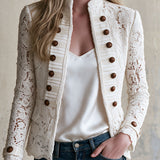 Retro White Stand-up Collar Double-breasted Lace Jacket