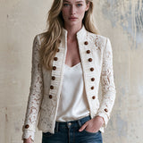 Retro White Stand-up Collar Double-breasted Lace Jacket