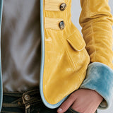 Retro Yellow Round Neck Button-decorated Velvet Jacket
