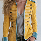 Retro Yellow Round Neck Button-decorated Velvet Jacket