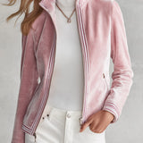 Elegant Striped Trim Pink Stand-collar Zip-front Velvet Jacket