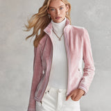 Elegant Striped Trim Pink Stand-collar Zip-front Velvet Jacket