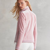 Elegant Striped Trim Pink Stand-collar Zip-front Velvet Jacket