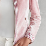 Elegant Striped Trim Pink Stand-collar Zip-front Velvet Jacket