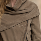 Women's Asymmetrical Zip Denim Jacket Draped Collar Moto Style