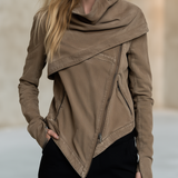 Women's Asymmetrical Zip Denim Jacket Draped Collar Moto Style
