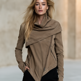 Women's Asymmetrical Zip Denim Jacket Draped Collar Moto Style