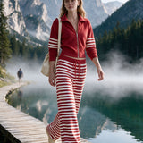 Casual And Comfortable Striped Red Fleece Jacket And Pants Set