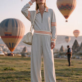 Casual And Comfortable Striped Gray And White Half-zip Sweatshirt And Pants Set