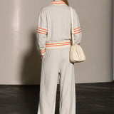 Casual And Comfortable Striped Gray And White Half-zip Sweatshirt And Pants Set