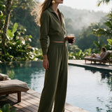 Exquisite And Comfortable Olive Green Zip-up Sweatshirt And Pants Set
