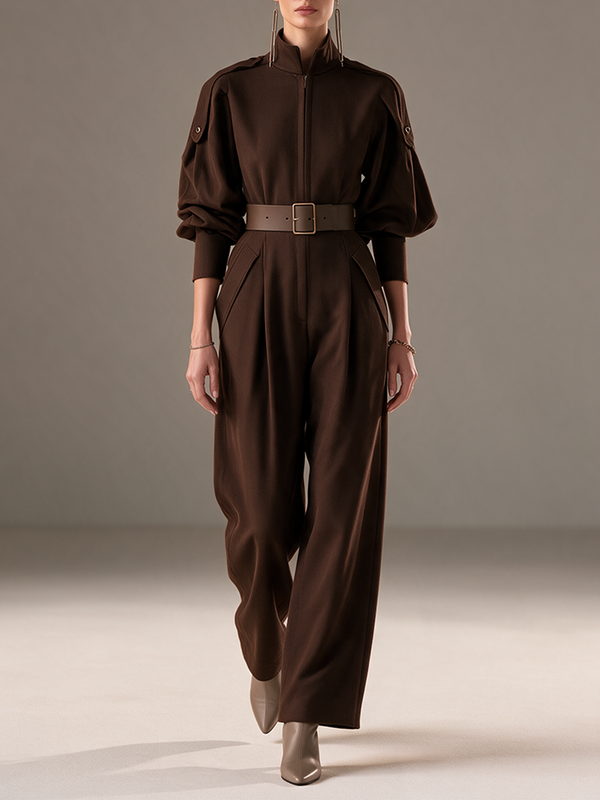 Women's Stand-Collar Zip-Front Balloon-Sleeve Belted Wide-Leg Jumpsuit MDZ3119H2CMX