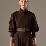 Women's Stand-Collar Zip-Front Balloon-Sleeve Belted Wide-Leg Jumpsuit MDZ3119H2CMX