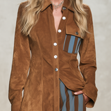 Retro-casual Elegant Faux Suede Shirt And Blue-and-brown Vertical Striped Trousers Set