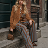 Retro-casual Elegant Faux Suede Shirt And Blue-and-brown Vertical Striped Trousers Set