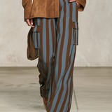 Retro-casual Elegant Faux Suede Shirt And Blue-and-brown Vertical Striped Trousers Set