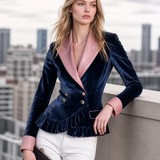 Retro-casual Elegant Jacket Featuring Velvet And PU Leather Paneling And Ruffle Details