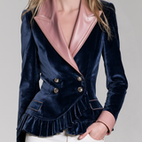 Retro-casual Elegant Jacket Featuring Velvet And PU Leather Paneling And Ruffle Details